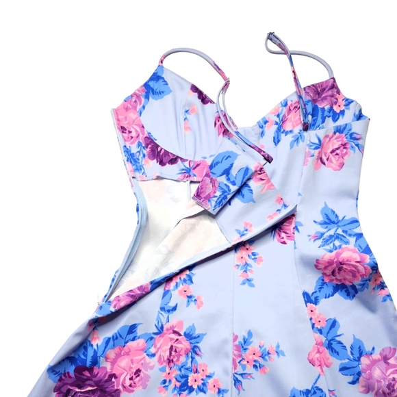 Zara Fashion Blogger Fave Coquette Blue Corset Skater Dress Pink Roses sz small - Picture 8 of 15